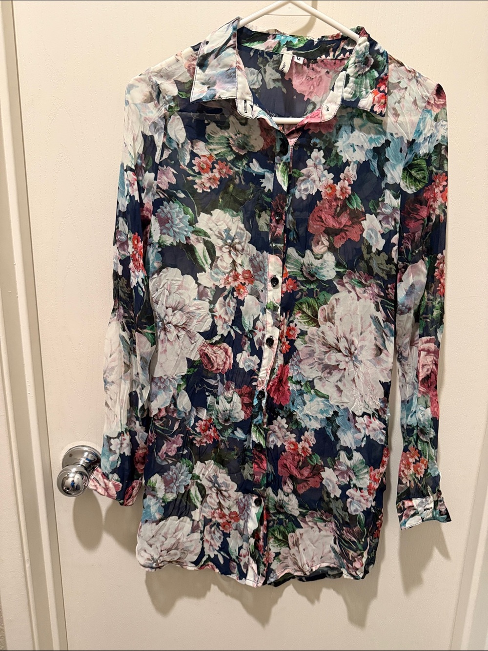Jinshunyouyou Floral Sheer Button-Up Shirt - Navy Multi